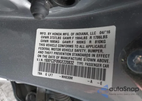 2016 Honda Civic Ex из США, поврежденный, VIN 19XFC2F89GE220832